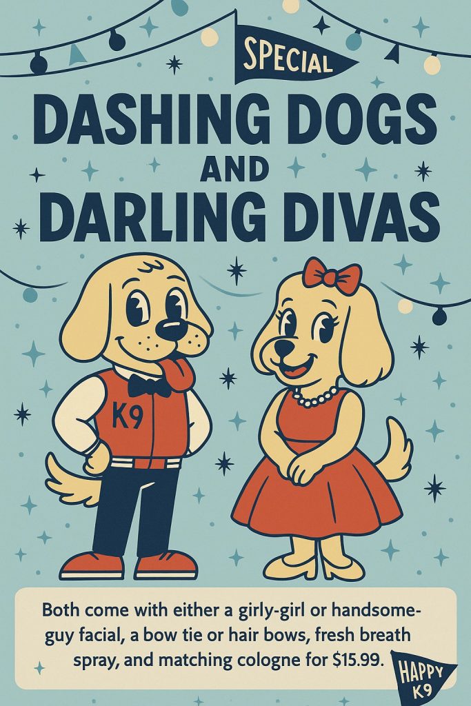 Happy K9 poster for Dashing Dogs and Darling Divas with a boy and a girl cartoon dog dressed for prom