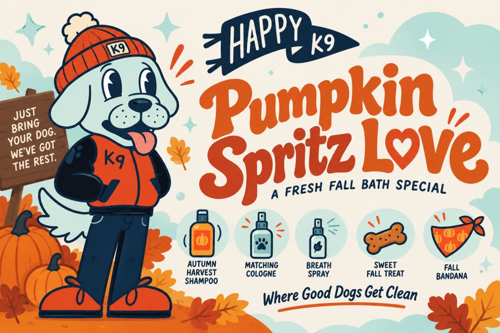 Pumpkin Spritz Love, a fresh fall bath special: cartoon Happy K9 dog among pumpkins with the five items included