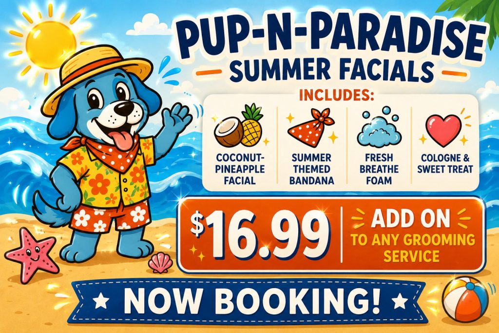 Pup-N-Paradise Summer Facials graphic: cartoon beach dog, what is included, a $16.99 add-on and Now Booking