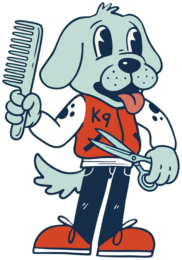Happy, the Happy K9 dog, holding a comb and grooming shears