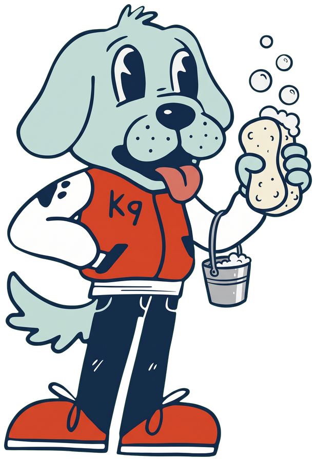 Happy, the Happy K9 dog, holding a soapy sponge and a bucket of suds
